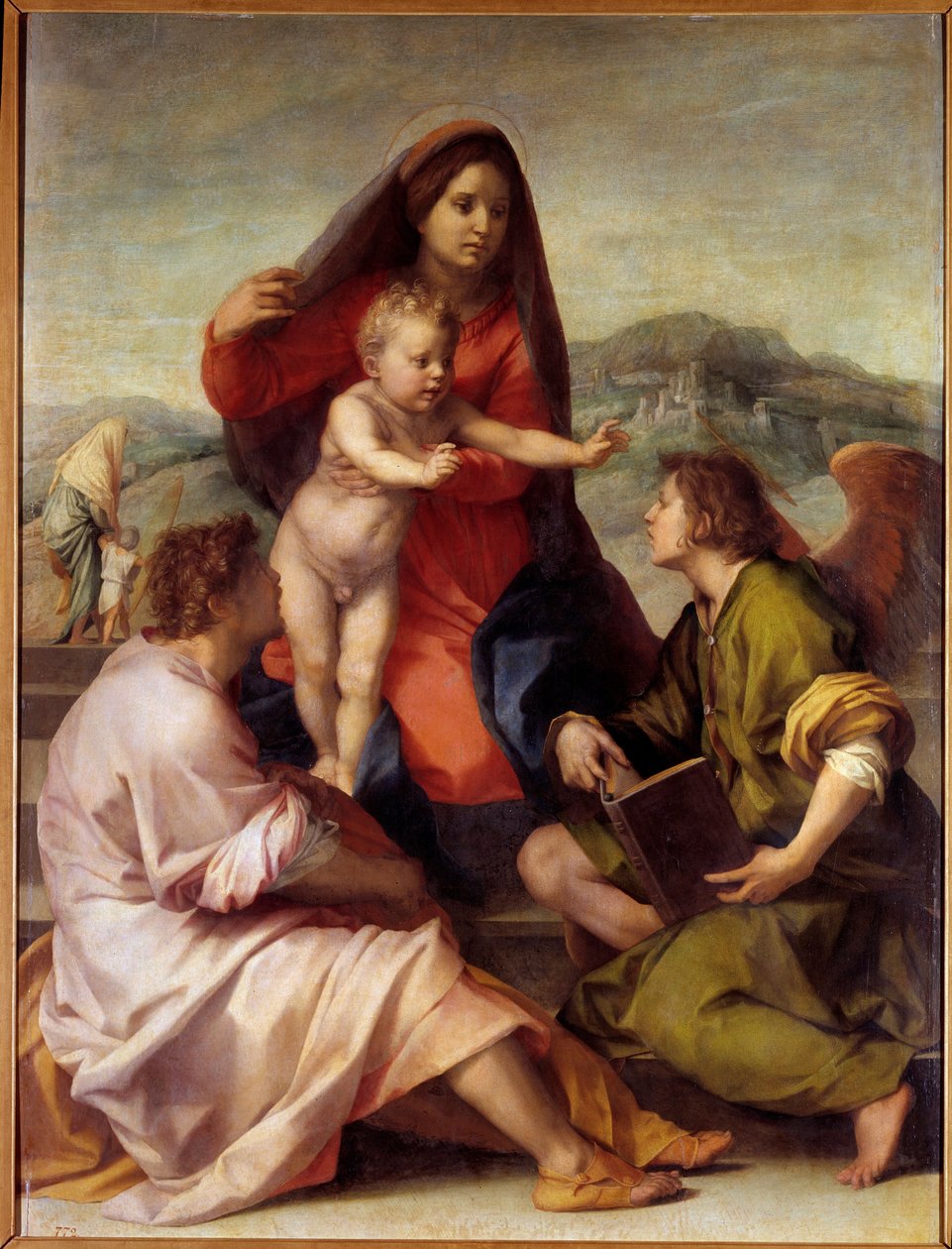 Madonna della Scala. Święta rodzina z aniołem. Obraz Andrea del Sarto (1486-1531) 1522-1523 Nd. 1,77x1,35 m Madryt, Muzeum Prado autorstwa Andrea del Sarto