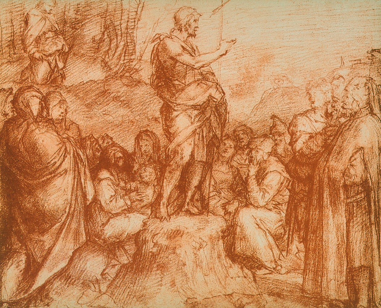 Św. Jan Chrzciciel przemawia do tłumów, studium przygotowawcze do fresku w Chiostro dello Scalzo, rysunek Andrei del Sarto. Gabinet Rysunków i Grafiki, Galeria Uffizi, Flor autorstwa Andrea del Sarto