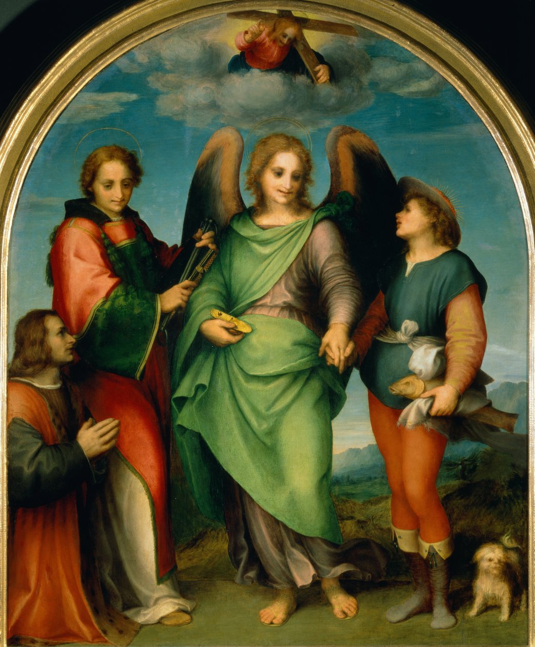 Archanioł Rafał z Tobiaszem, świętym Leonardem i fundatorem Leonardem di Lorenzo Morelli autorstwa Andrea del Sarto