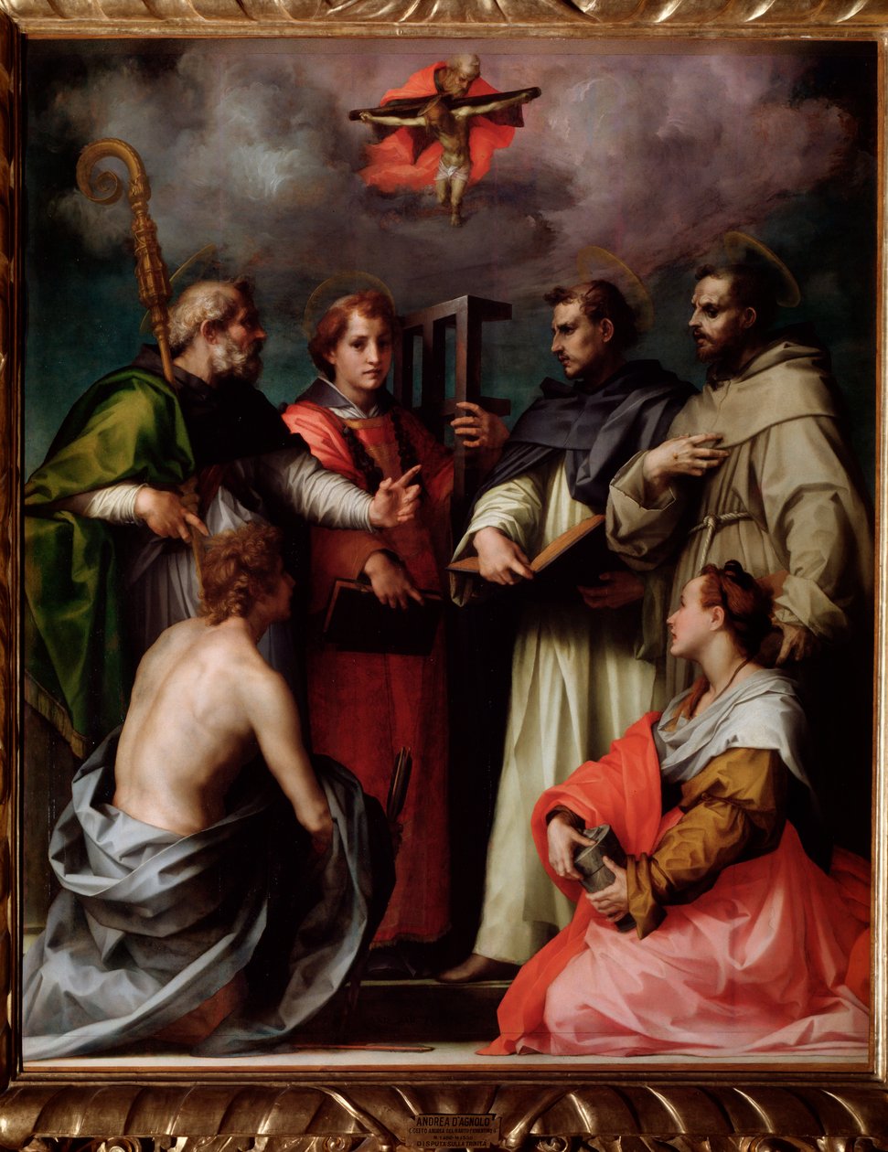 Spór Trójcy Świętej ze św. Piotrem, św. Wawrzyńca, św. Augustyna z Hippony, św. Franciszka, św. Sebastiana, św. Marii Magdaleny (Obraz, ok. 1517) autorstwa Andrea del Sarto