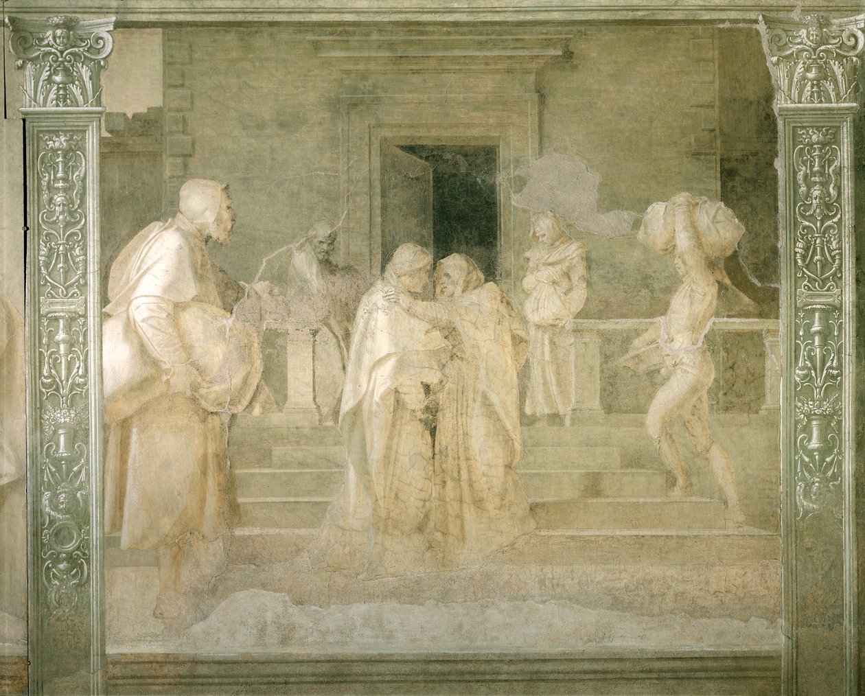 Wizyta Dziewicy u Elżbiety, fragment Opowieści Dziewicy Andrei del Sarto (1486-1530), monochromatyczny fresk, Klasztor Scalzo, Florencja autorstwa Andrea del Sarto