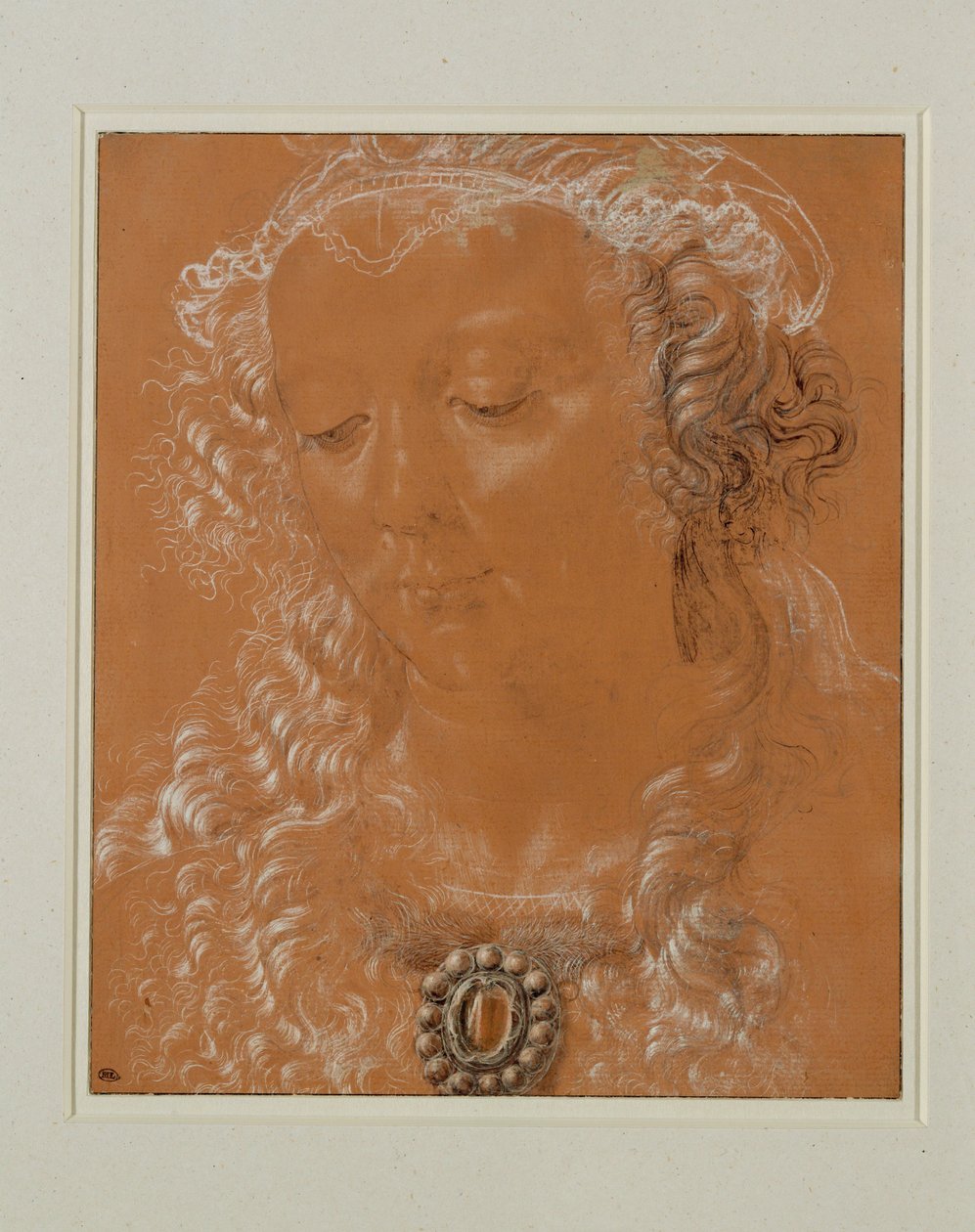Głowa kobiety ze spuszczonymi oczami, zwrócona lekko w lewo ... autorstwa Andrea del Verrocchio