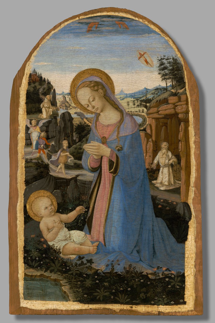 Adoracja Dzieciątka Jezus ze Stygmatem św. Franciszka z Asyżu; Tobiasz i Anioł; św. Jan Chrzciciel na pustyni; i skruszony św. Hieronima autorstwa Andrea del Verrocchio