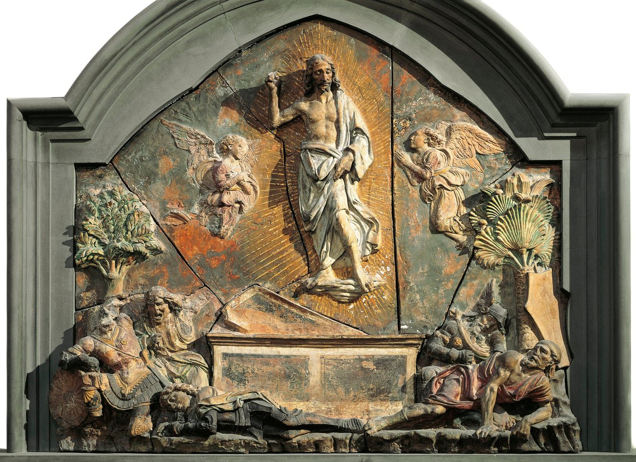 Zmartwychwstanie Chrystusa (Śpiący żołnierz jest przedstawiony jako Laurent de Medici (Wawrzyńca Wspaniałego) Polichromowana płaskorzeźba z terakoty autorstwa Andrei del Verrocchio (1437-1488) XV-wieczne Museo Nazionale del Bargello Florencja autorstwa Andrea del Verrocchio