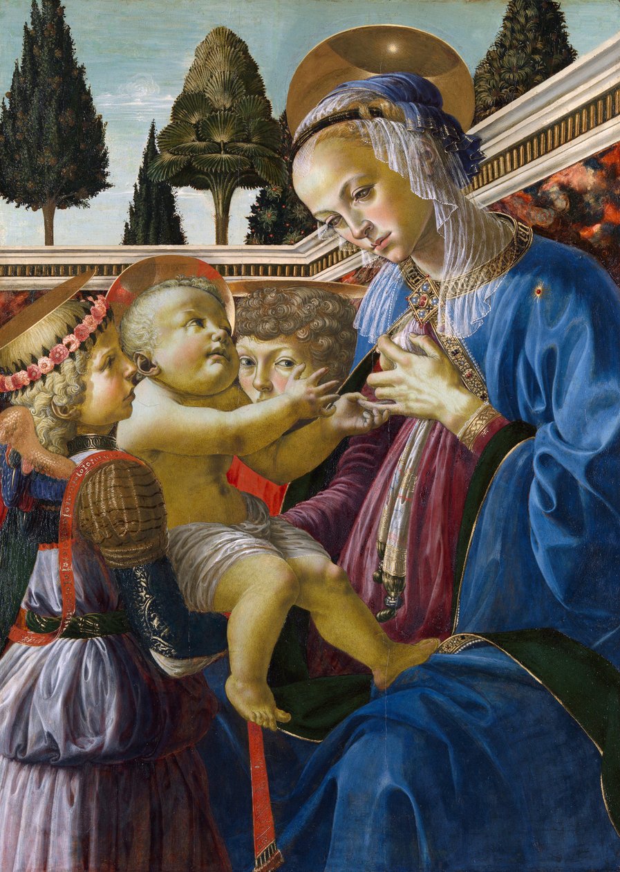 „Madonna i dziecko z dwoma aniołami” Obraz Andrea del Verrocchio (1437-1488) 1467-1469 Londyn Galeria narodowa autorstwa Andrea del Verrocchio