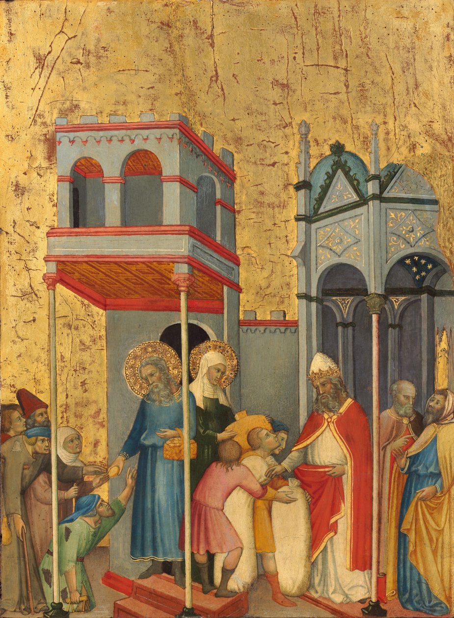 Joachim i Anna rozdają ubogim żywność i składają ofiary w świątyni autorstwa Andrea di Bartolo