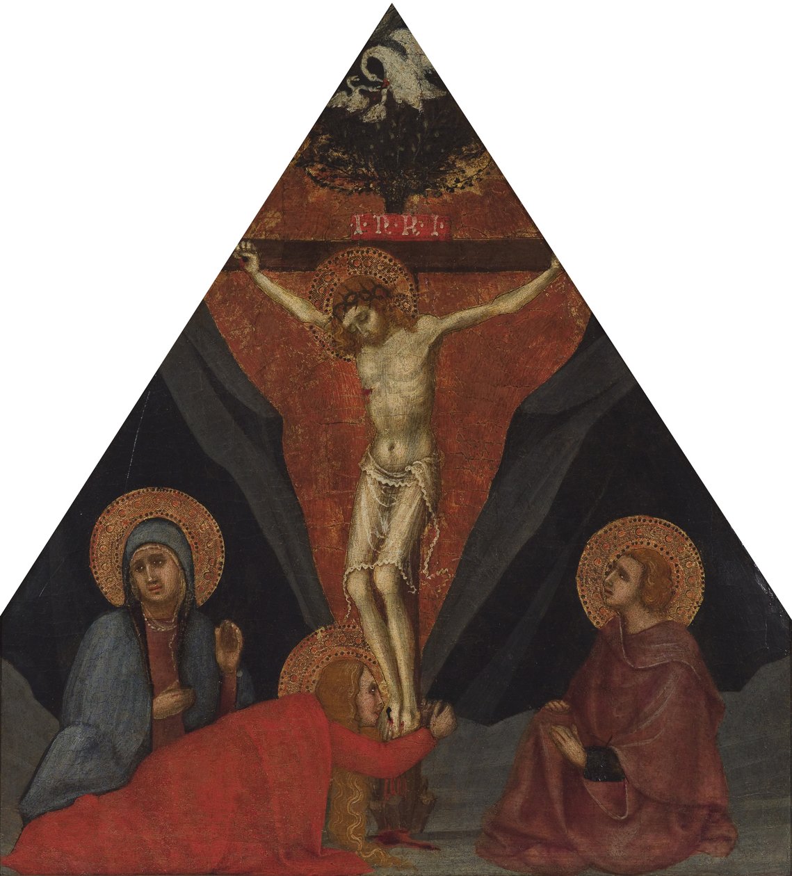 Ukrzyżowanie z Matką Boską, Marią Magdaleną i św. Janem Ewangelistą, ok. 1400 autorstwa Andrea di Bartolo