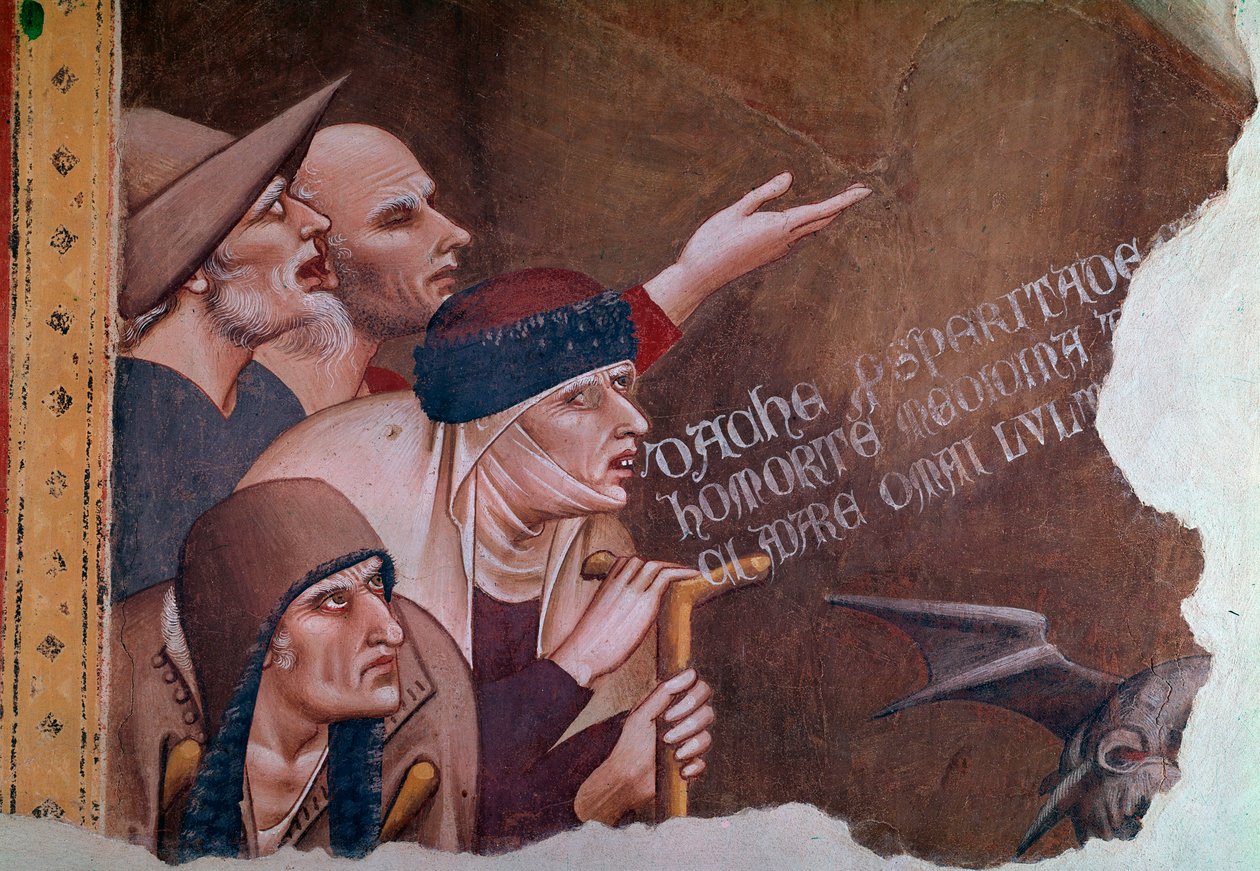 Fragment sceny Apokalipsy przedstawiającej grupę inwalidów, chorych uciekinierów i żebraków.Triumf Śmierci (fresk autorstwa Andrea di Cione Orcagna