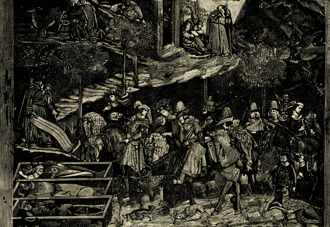 Jazda konna, fragment Triumfu Śmierci, fresk Andrei Orcagny (ok. 1315-1368), Piza, Toskania, Włochy, drzeworyt z Le cento citta d