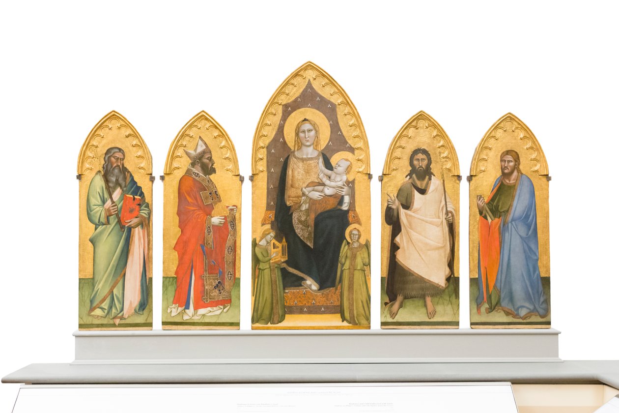 Madonna and Child entronizado com esmalte de santos autorstwa Andrea di Cione Orcagna