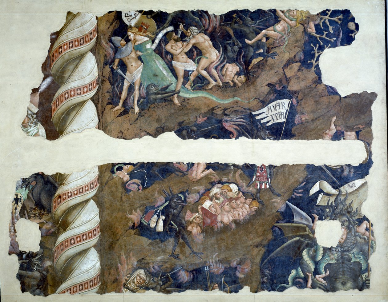 Triumf śmierci, fragment fragmentów przedstawiający piekło, fresk z 1348 r autorstwa Andrea di Cione Orcagna