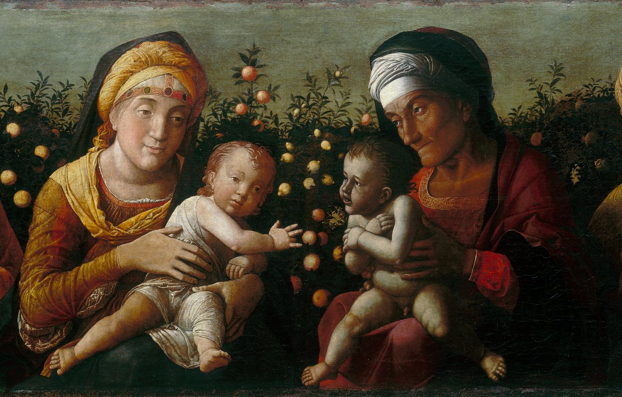 Święta Rodzina ze świętymi Elżbietą, Janem i Zacharym, detal autorstwa Andrea school of Mantegna