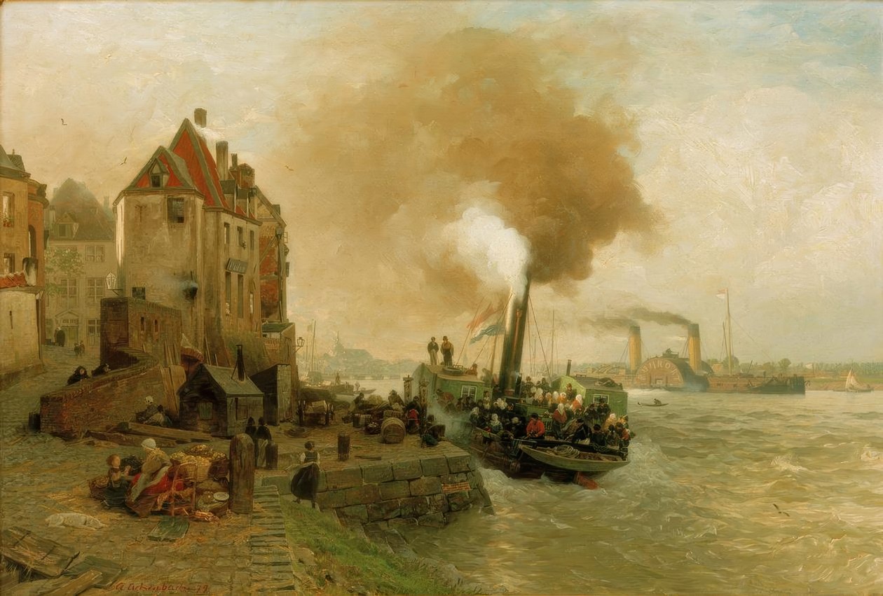 Brama węglowa nad brzegiem Renu w Düsseldorfie autorstwa Andreas Achenbach