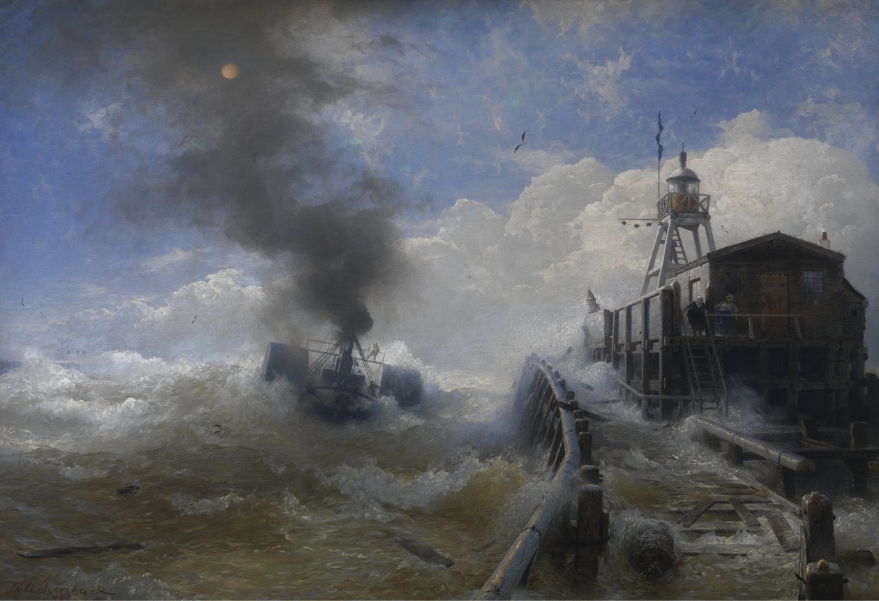 Holownik opuszcza port w Ostendzie podczas przypływu autorstwa Andreas Achenbach
