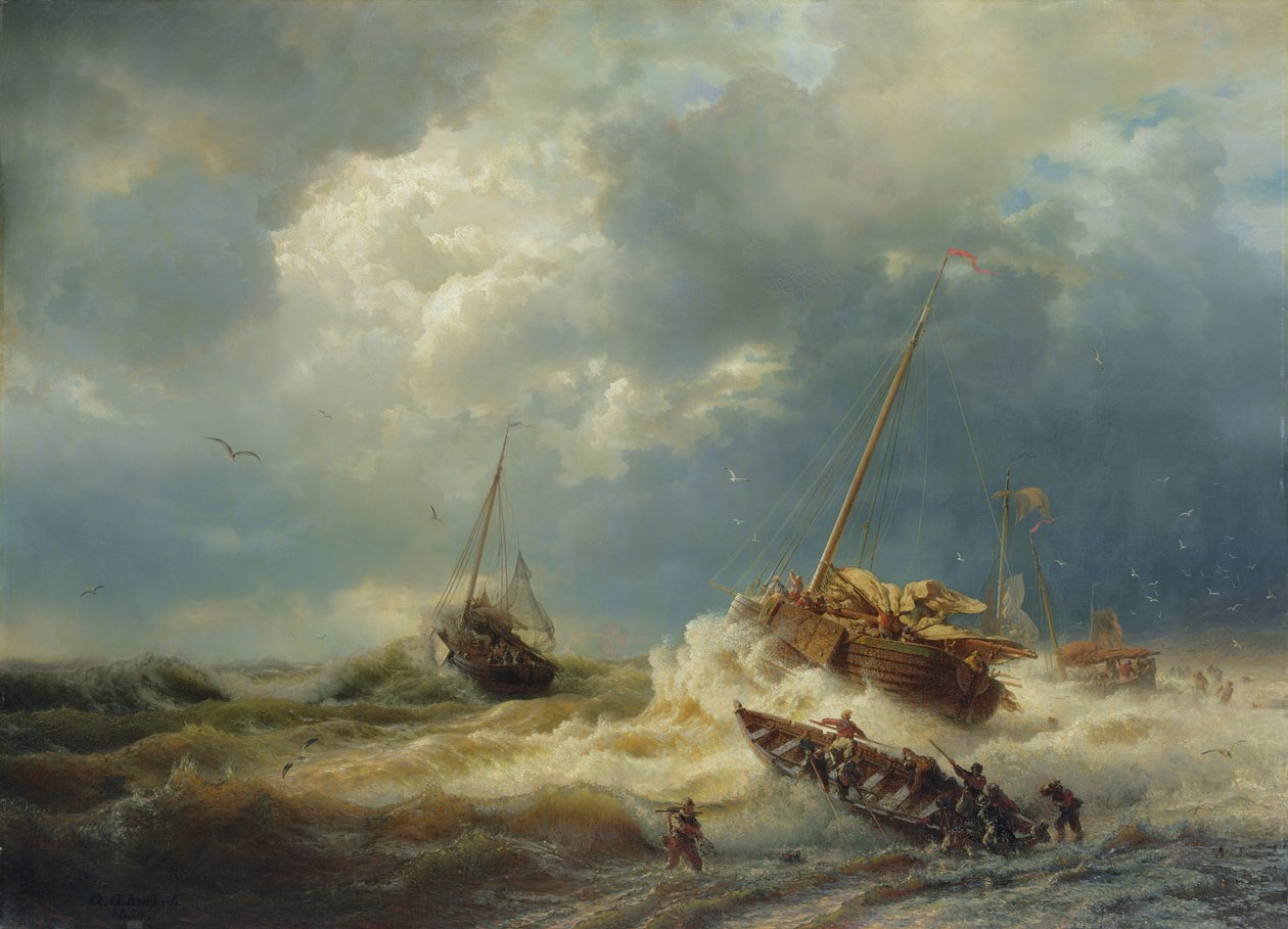 Statki podczas burzy na holenderskim wybrzeżu, 1854 autorstwa Andreas Achenbach