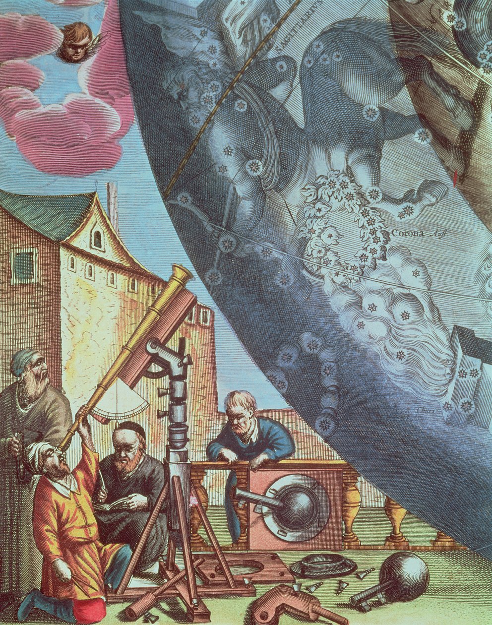 Astronomowie patrzący przez teleskop, szczegół z mapy konstelacji z publikacji „Atlas Niebiański, czyli Harmonia Wszechświata” (Atlas coelestis seu harmonica macrocosmica). przez Joannes autorstwa Andreas Cellarius