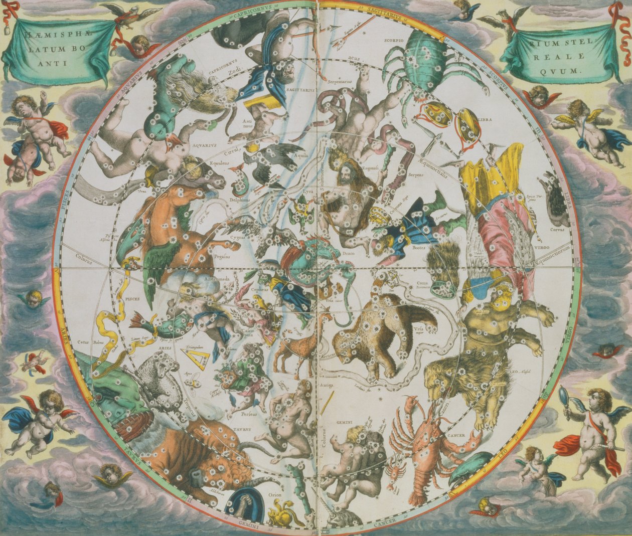 Planisfera niebieska pokazująca znaki zodiaku, z "Atlasu niebieskiego, czyli harmonii wszechświata" (atlas coelestis seu harmonia macrocosmica) wyd. przez Joannesa Janssoniusa, Amsterdam, 166 autorstwa Andreas Cellarius