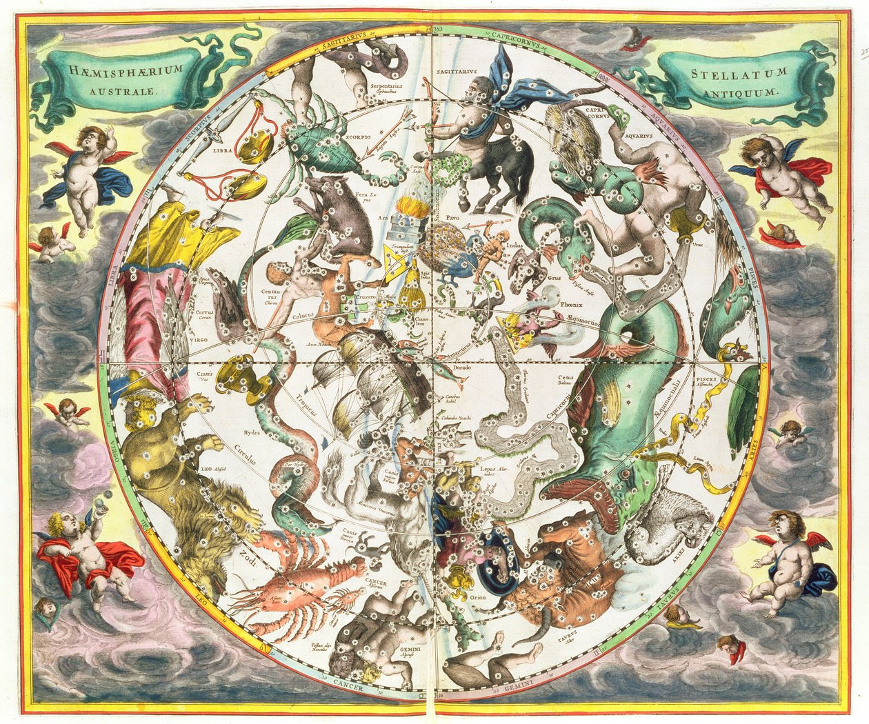 Mapa półkuli południowej z „Atlasu niebieskiego, czyli harmonii wszechświata” (Atlas coelestis seu harmonia macrocosmica) wyd. Joannes Janssonius, Amsterdam, 1660-61 (ręcznie kolorowany eng autorstwa Andreas Cellarius