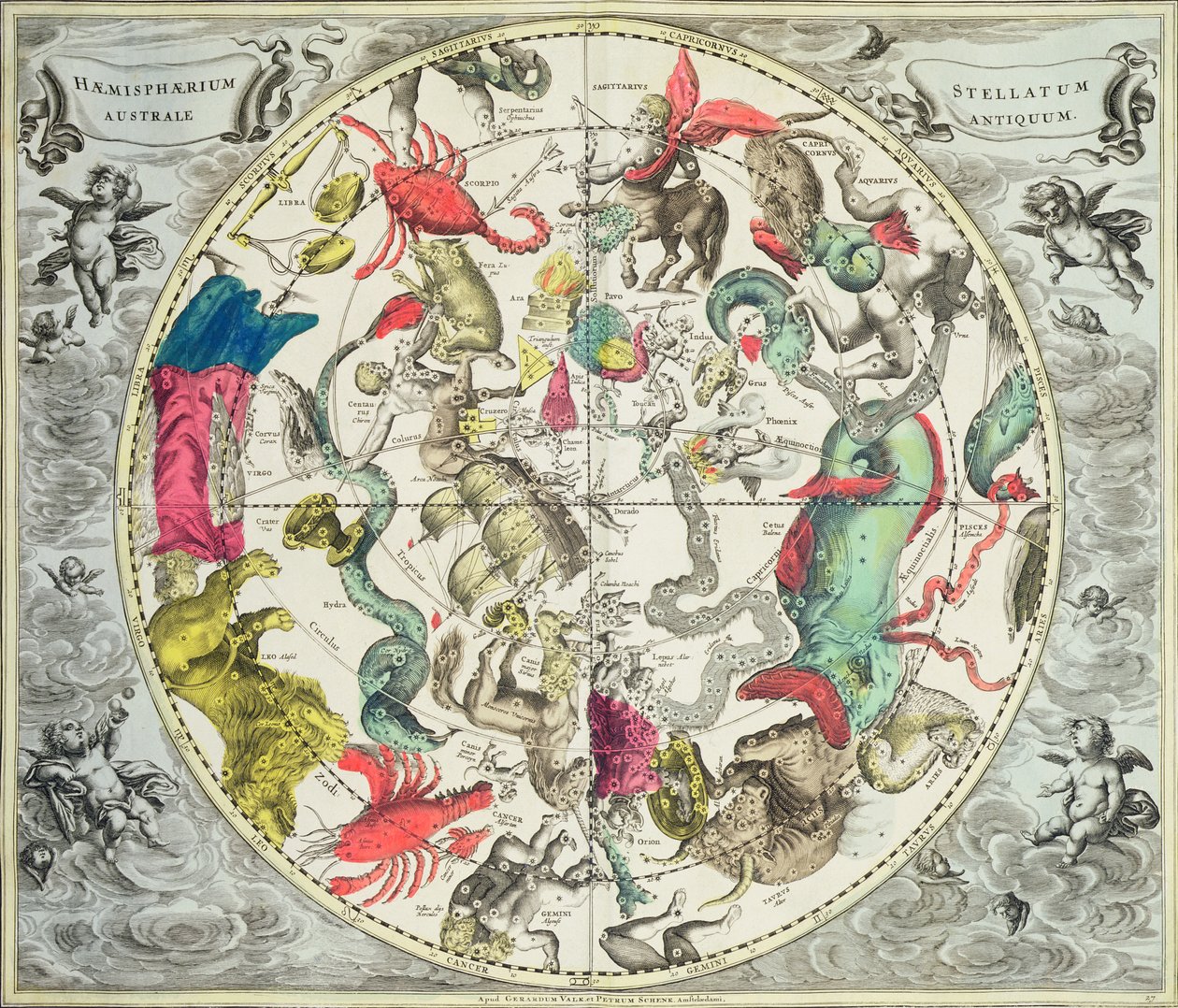Mapa półkuli południowej, z "Atlasu niebieskiego, czyli harmonii wszechświata" (Atlas coelestis seu harmonia macrocosmica) wyd. przez Joannesa Janssoniusa, Amsterdam, 1660-61 (ręcznie kolorowana) autorstwa Andreas Cellarius