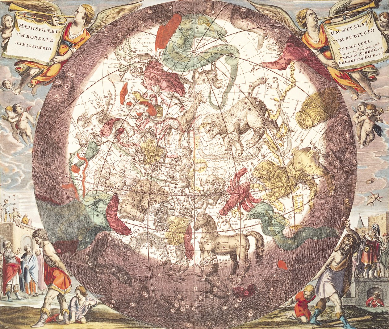 Półkula północna (borealna) z „Atlasu niebieskiego, czyli harmonia wszechświata”, rytowana przez Pietera Schenka (1660-1719) i Gerarda Valka (1651-1726) (rycina ręcznie kolorowana) autorstwa Andreas Cellarius