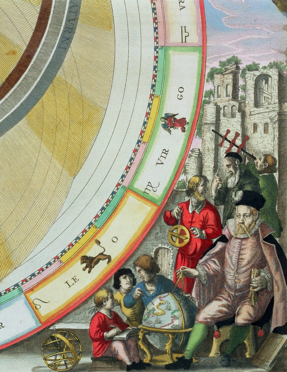Tycho Brahe (1546-1601), fragment mapy przedstawiającej jego układ orbit planetarnych, z „Atlasu niebieskiego, czyli harmonii wszechświata” (Atlas coelestis seu harmonia macrocosmica) wyd. przez Joanne autorstwa Andreas Cellarius