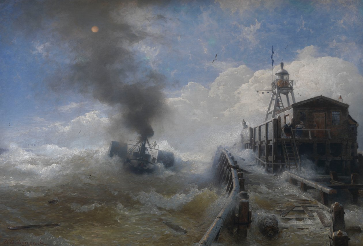 Holownik opuszczający port w Ostendzie autorstwa Andreas Achenbach