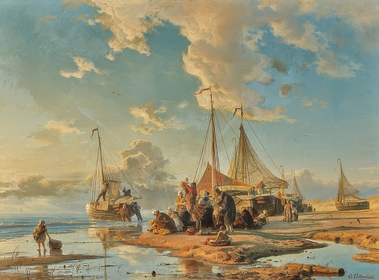 Holenderscy rybacy po połowu. 1853 autorstwa Andreas Achenbach