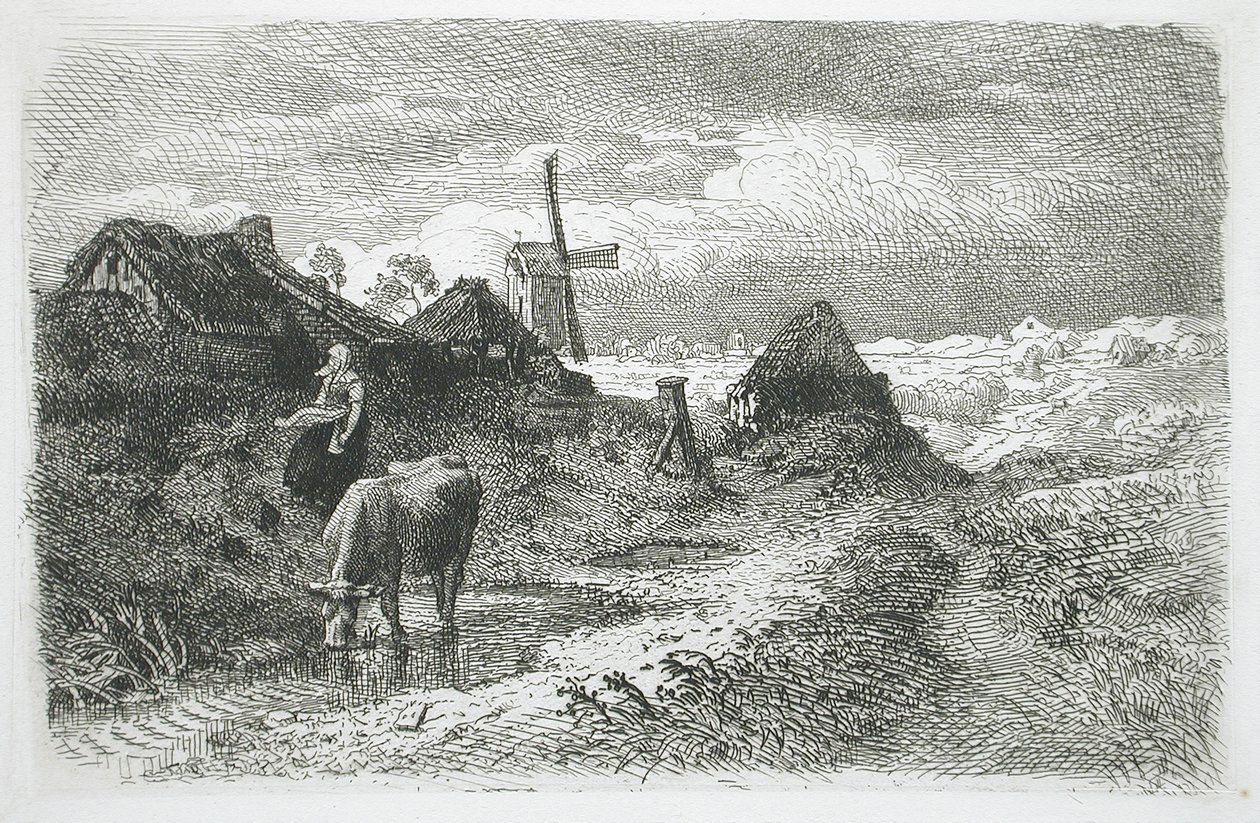 Pejzaż z chatami i wiatrakiem autorstwa Andreas Achenbach