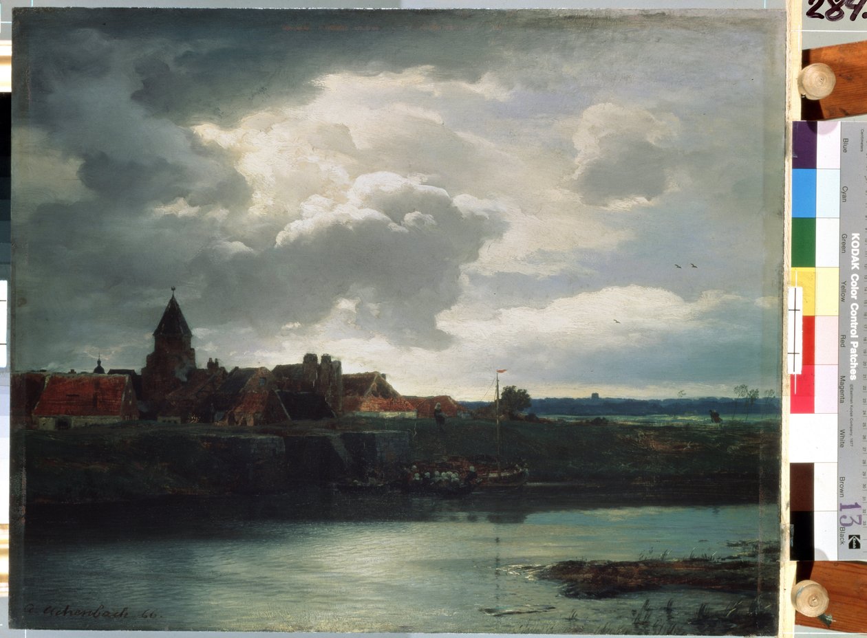 „Pejzaż wiejski nad rzeką” (Pejzaż z rzeką) Malarstwo Andreas Achenbach (1815-1910) 1866 Sankt Petersburg, Ermitaż autorstwa Andreas Achenbach