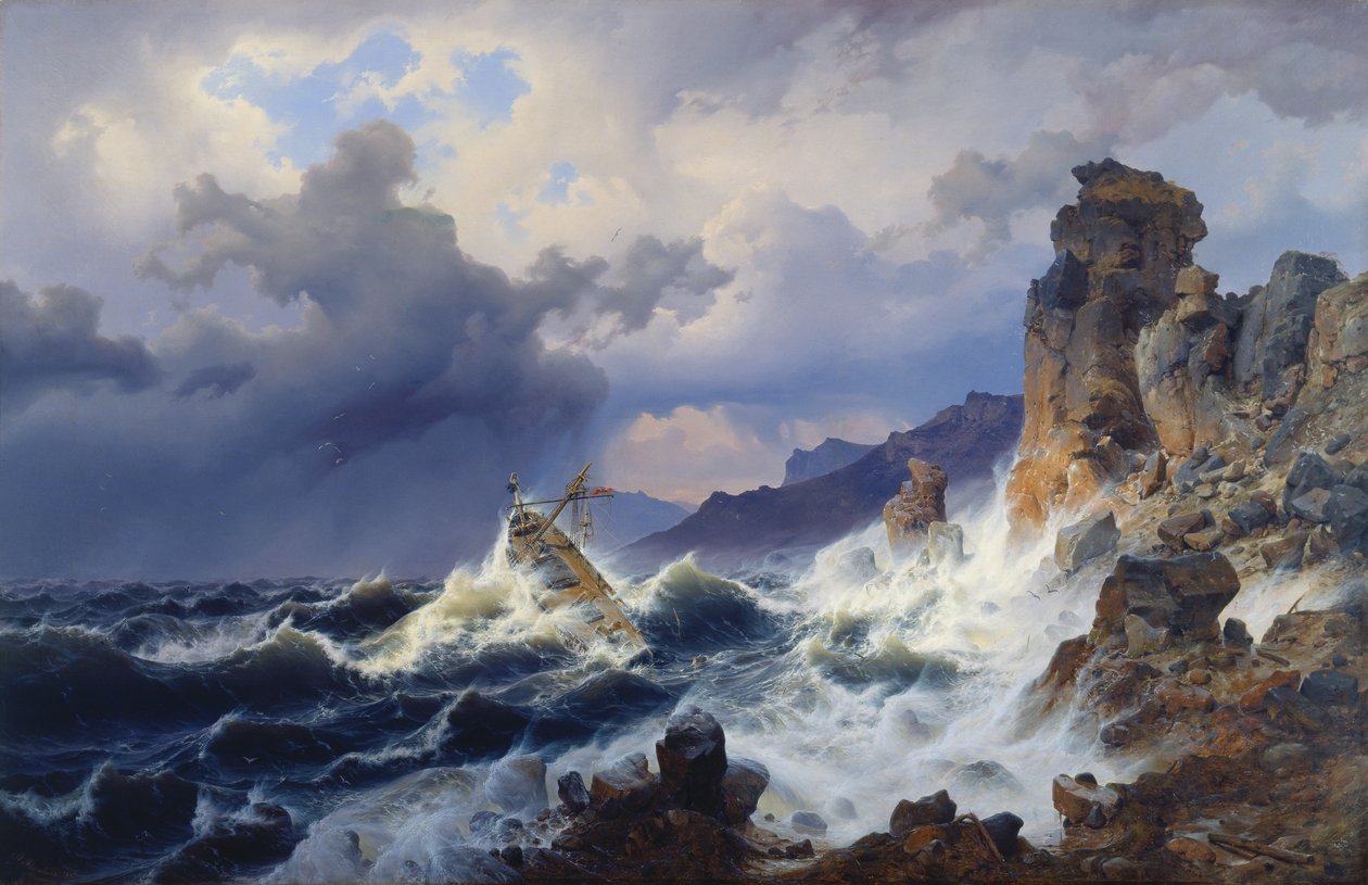 Burza na morzu u wybrzeży Norwegii autorstwa Andreas Achenbach