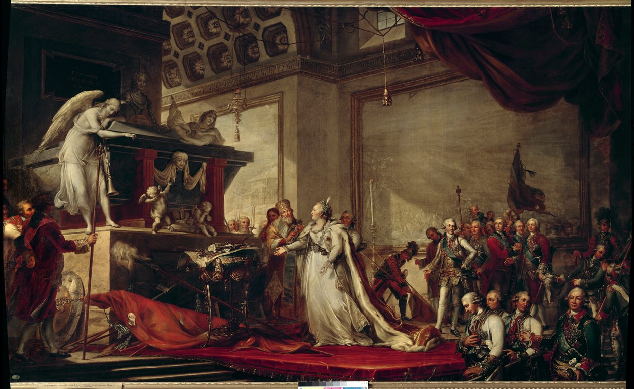 Imponująca Katarzyna II z Rosji (1729-1796) umieszcza trofea zabrane Turkom przed grobem Piotra Wielkiego Obraz z 1791 r. autorstwa Andreasa Caspara Hune (Huene) (1758-1813) - Puszkin (miasto) - (Pałac Katarzyny ?) autorstwa Andreas Caspar Hune