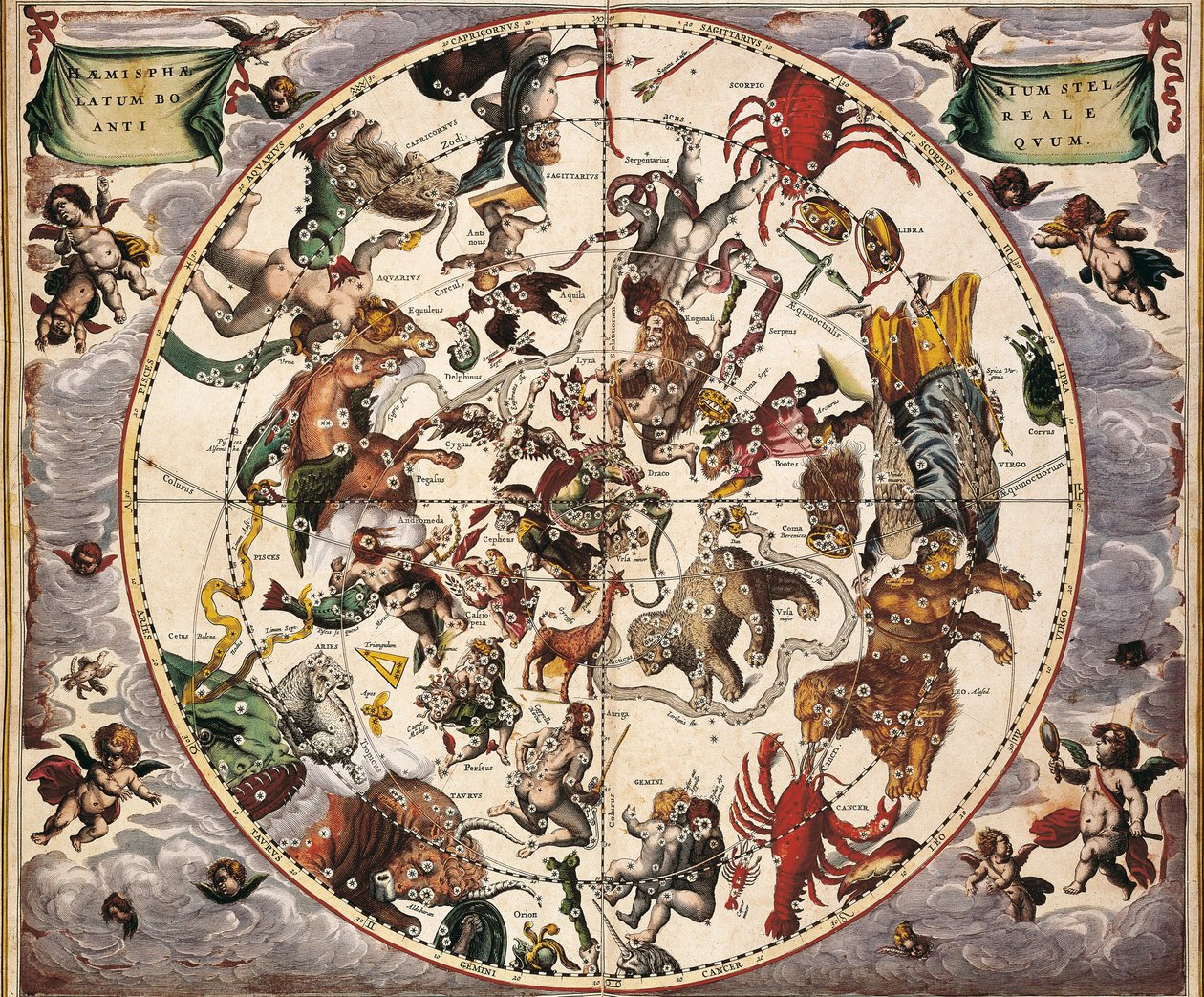 Cellarius, Andreas (1596-1665). Niebiański Atlas lub Makrokosmiczna Harmonia. 1661. Fol 24. Starożytna gwiaździsta półkula borealna. Reprezentacja półkuli północnej. Wydrukowany w Amsterdamie przez Johannesa Janssoniusa. Wczesna epoka nowożytna Rytownictwo autorstwa Andreas Cellarius
