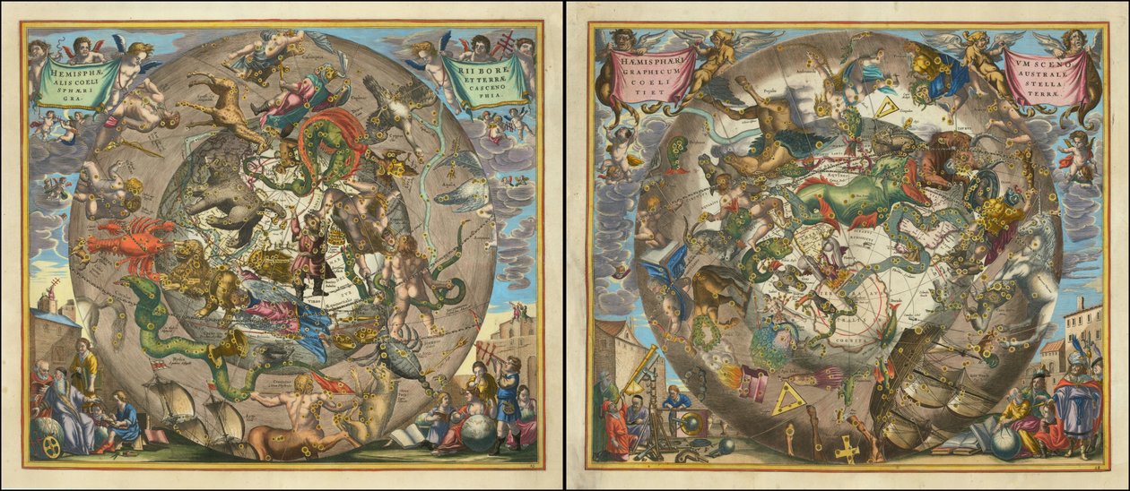 Hemisphaerii Borealis Coeli et Terrae Sphaerica Scenographia - Haemisphaerium Scenographicum Australe Coeli Stellati et Terrae autorstwa Andreas Cellarius