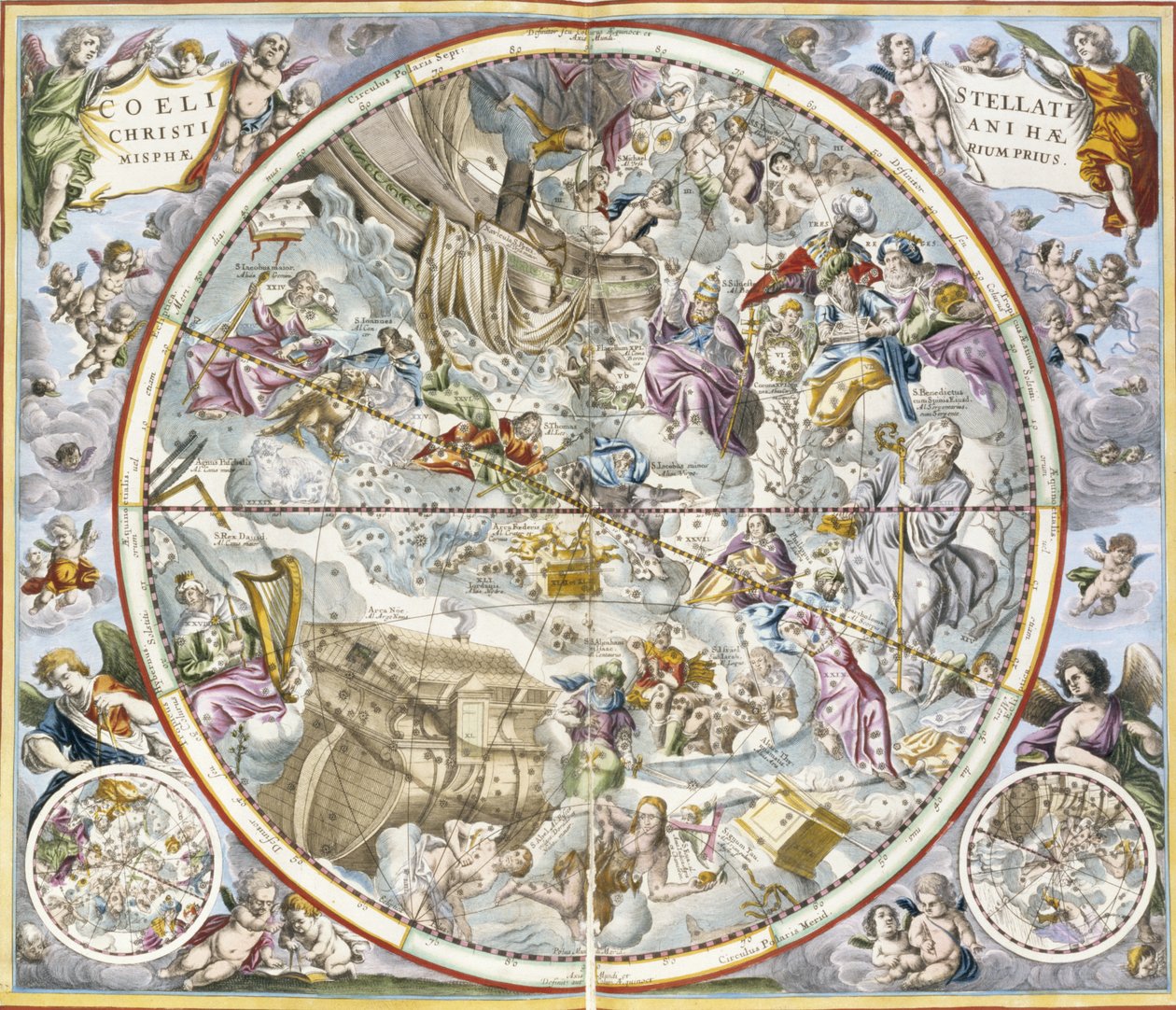 Mapa chrześcijańskich konstelacji w ujęciu Juliusa Schillera z Atlasu niebieskiego lub Harmonii wszechświata atlas coelestis seu harmonia macrocosmica pub. Joannes Janssonius, Amste autorstwa Andreas Cellarius