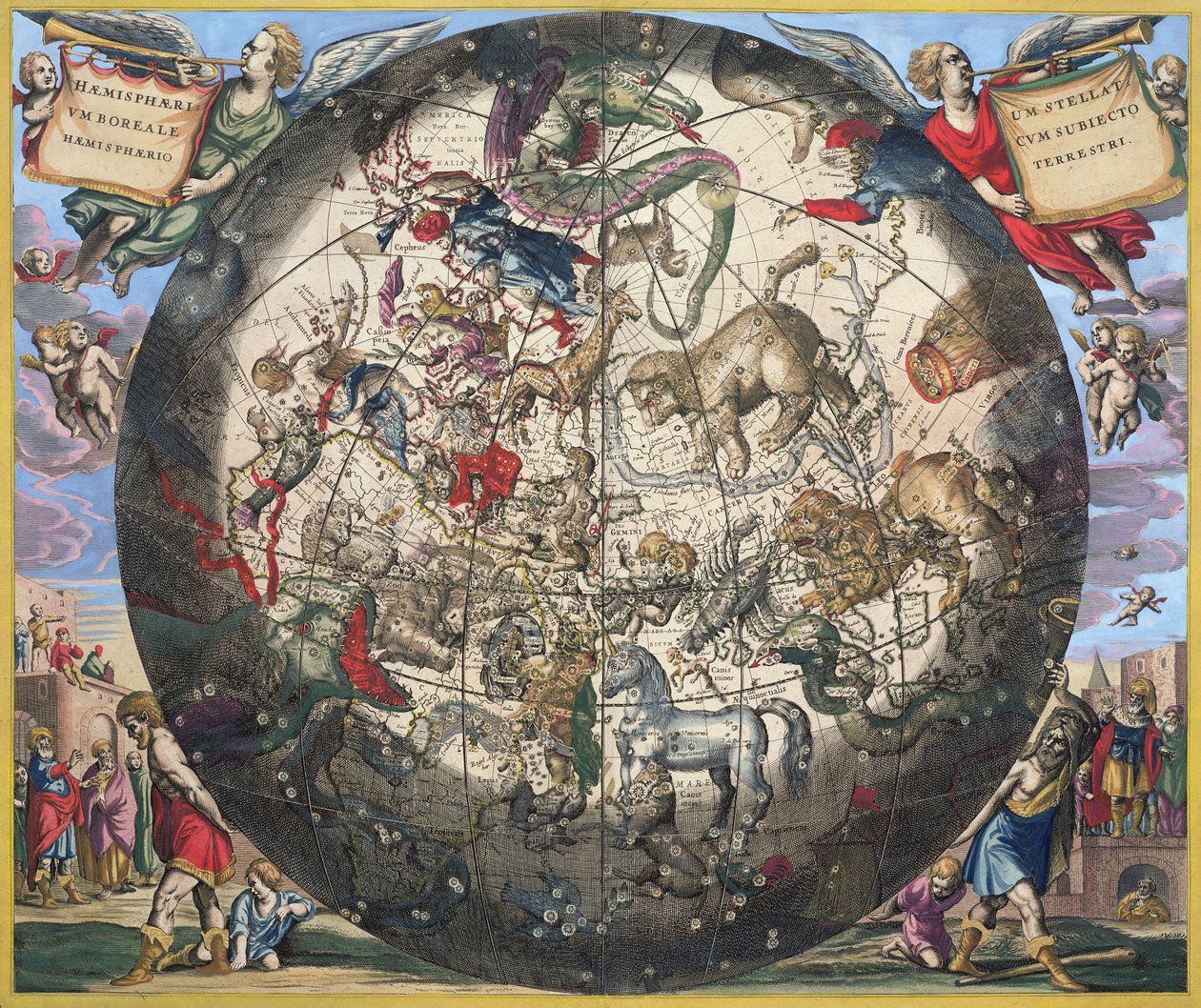 Półkula północna (borealna), z „Atlasu niebieskiego, czyli harmonia wszechświata”, rytowana przez Pietera Schenka (1660-1719) i Gerarda Valka (1651-1726) (rycina ręcznie kolorowana) autorstwa Andreas Cellarius