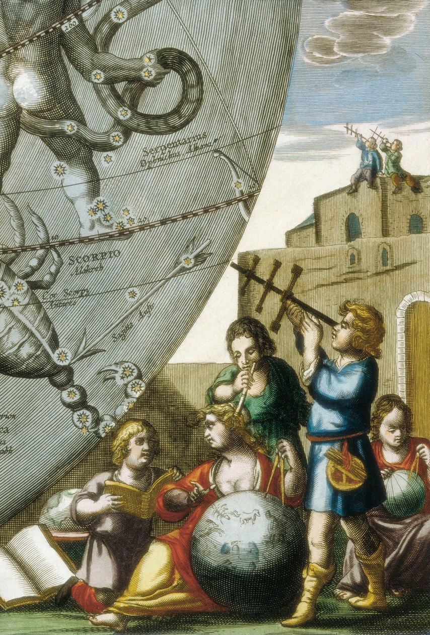 Naukowcy (astrolodzy i astronomowie) badający globusy i mapę nieba, szczegół z Atlas Coelestis seu Harmonia Macrocosmica autorstwa Andreasa Cellariusa (1596-1665) autorstwa Andreas Cellarius