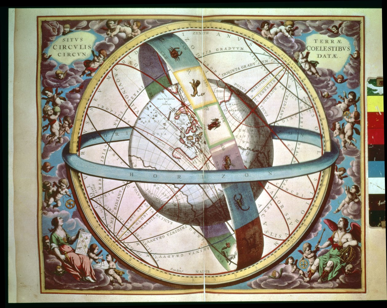 Mapa świata z otaczającym zodiakiem, „Situs Terrae Circulis Coelestibus Circumnate”, z „Atlasu Niebieskiego, czyli Harmonia Wszechświata” (Atlas coelestis seu harmonia macrocosmica) Amsterdam, ok. 1660 autorstwa Andreas Cellarius