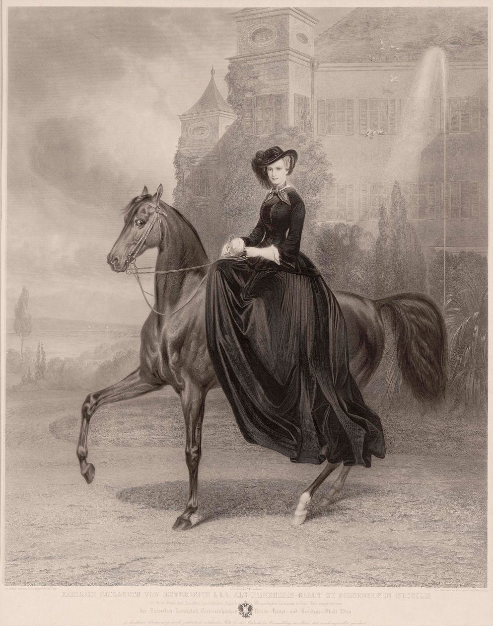 Portret konny Elżbiety Bawarskiej (1837-1898) (Cesarzowej Austrii, powszechnie znanej jako Sissi). Dzieło Andreasa Johanna Fleischmanna (1811-1878), rycina na miedzi autorstwa Andreas Johann Fleischmann