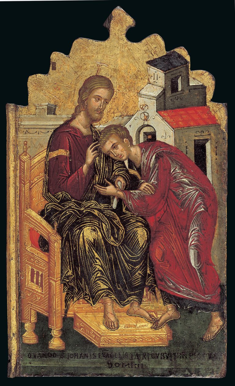 Św. Jan Teolog przyjmuje błogosławieństwo Chrystusa (lewy panel tryptyku) (tempera jajeczna na panelu) autorstwa Andreas Rico
