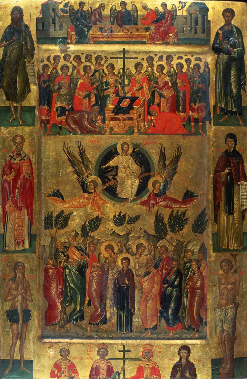 Wniebowstąpienie Chrystusa z Hetoimazją - Ikona Andreasa Ritzosa (1421-1492), tempera na desce (71x47,5 cm) autorstwa Andreas Ritzos