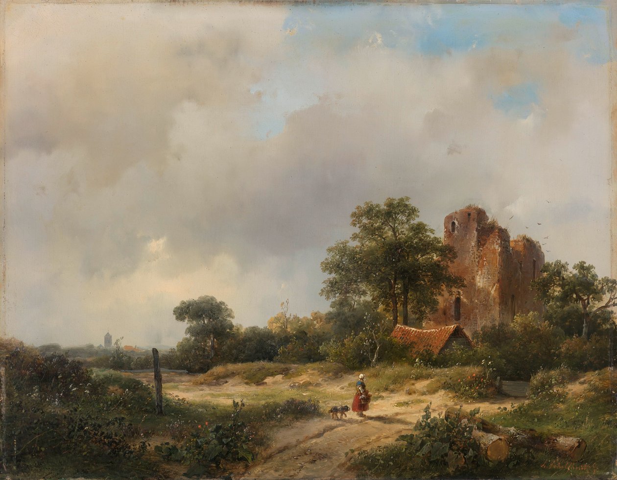 Krajobraz z ruinami zamku Brederode w Santpoort autorstwa Andreas Schelfhout