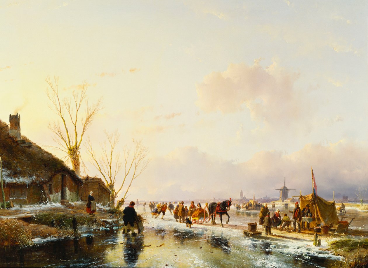 Łyżwiarze przy budce na zamarzniętej rzece, 1850 autorstwa Andreas Schelfhout
