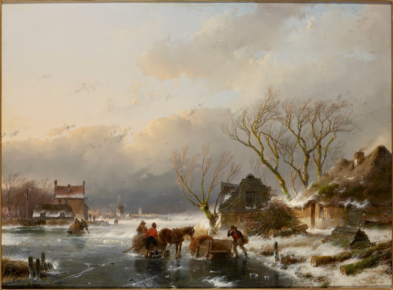 Zimowy krajobraz z zamarzniętą rzeką, 1847 r. autorstwa Andreas Schelfhout