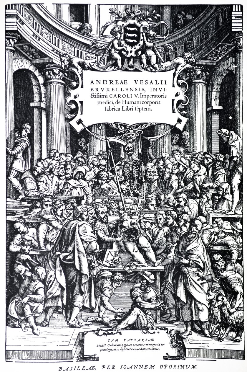 Strona tytułowa do drugiego wydania De Humani Corporis Fabrica, tabl. 3, 1555 autorstwa Andreas Vesalius