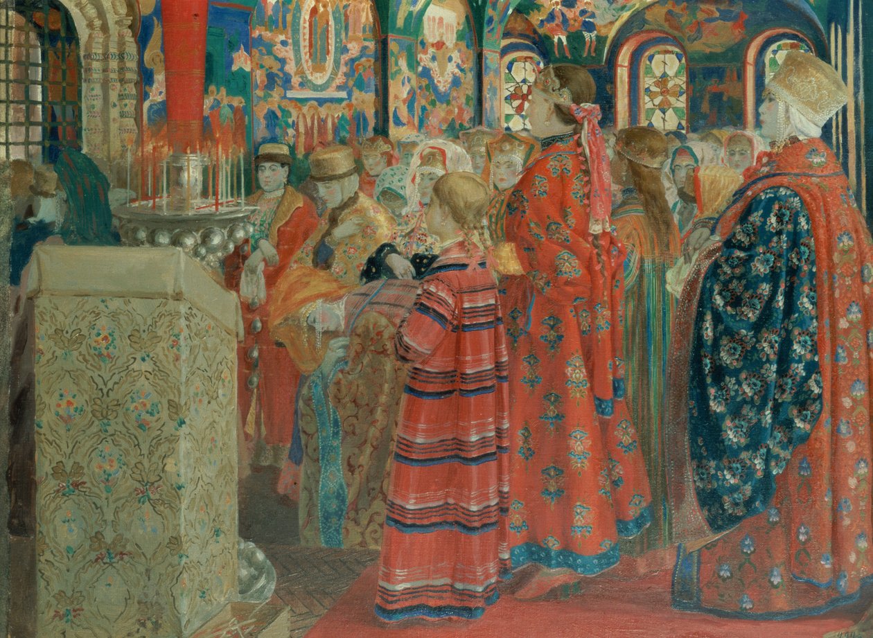 XVII-wieczne Rosjanki w kościele, 1899 autorstwa Andrei Petrovich Ryabushkin