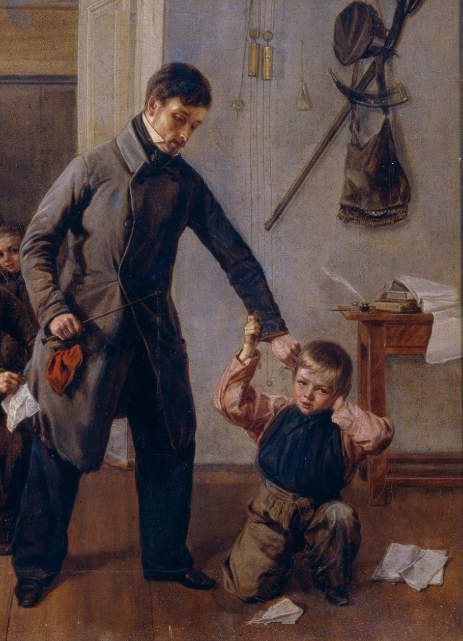 W szkole. Nauczyciel ze szkoły wiejskiej chwyta chłopca za ucho w klasie, gdzie inni chłopcy robią śmieszne miny i grymasy. Obraz Andrieja Andriejewicza Popowa (1832-1896), detal, olej na płótnie autorstwa Andrei Andreevich Popov