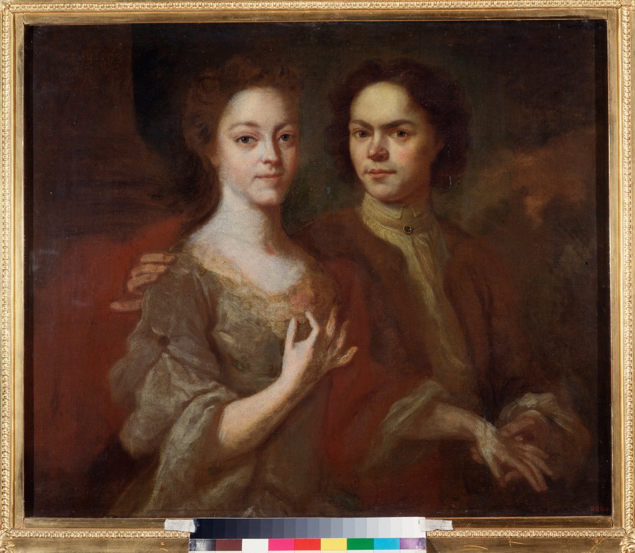Autoportret z żoną (Autoportret z żoną) - Obraz Andrieja Matwiejewicza Matwiejewa (Matwiejewa) (1701-1739), olej na płótnie, ok. 1729 - Sztuka rosyjska, XVIII-wieczny portret - Państwowe Muzeum Rosyjskie, Sankt Petersburg autorstwa Andrei Matveyev