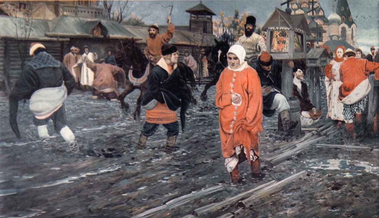 Siedemnastowieczna ulica moskiewska na wakacjach, 1895 autorstwa Andrei Petrovich Ryabushkin