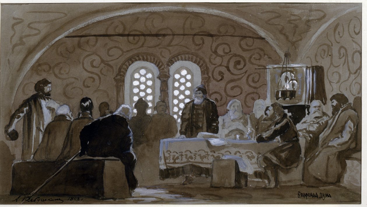 Duma w czasach Bojarzy (Bojarzy, Bojarzy) (Bojar Duma). Rada Doradcza Książąt Rusi Kijowskiej (Rusi) w czasach cara Rosji Michała I (1596-1645). Dzieło Andrieja Pietrowicza Riabuszkina (Riaboutchkine) (1861-1904), akwa autorstwa Andrei Petrovich Ryabushkin