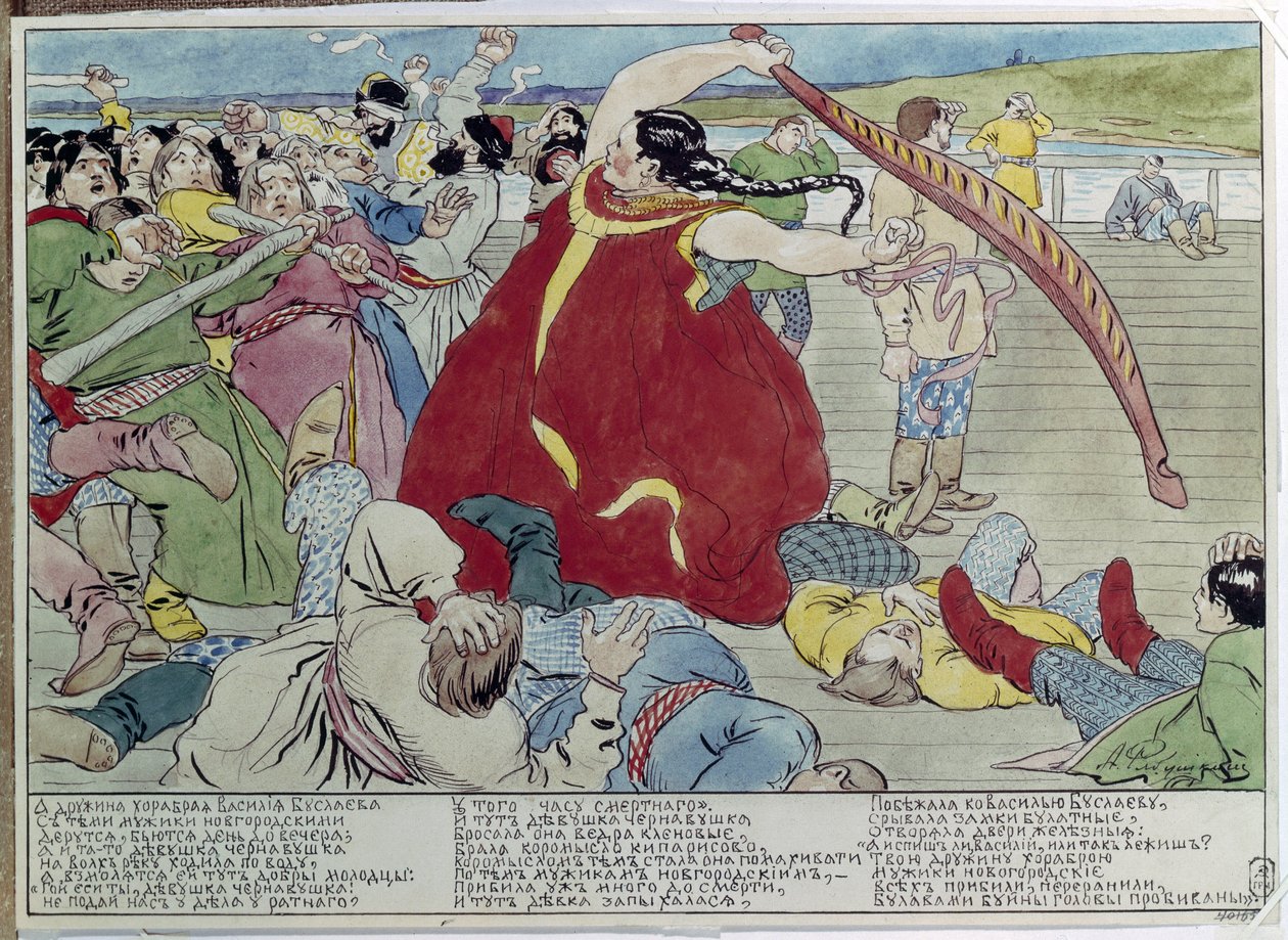 Pokojówka pokonująca Nowogrodzian (Pokojówka pokonująca Nowogrodzian). Ilustracja tradycyjnej opowieści z mitologii, z bohaterką broniącą wolności i niepodległości narodu rosyjskiego. Praca Andrieja Pietrowicza Riabuszkina (Riabutchkina) (1801- autorstwa Andrei Petrovich Ryabushkin